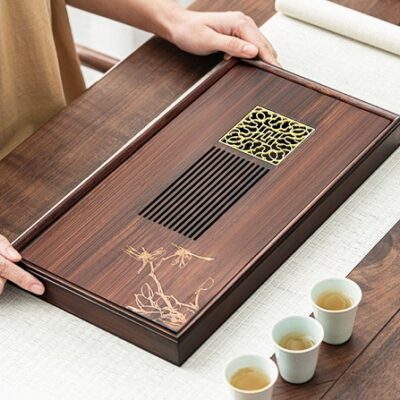 Khay trà tre để ấm chén dạng hộp chứa nước bên trong 40x21cm bền đẹp