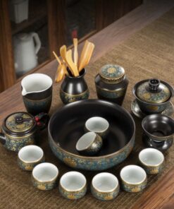 Bộ ấm trà cao cấp gốm cảnh đức trấn hoạ tiết phỏng cổ nhiều dụng cụ pha trà đẹp.