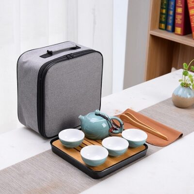 bộ ấm trà du lịch đẹp gốm men ngọc cao cấp kèm khay và túi đựng AT29