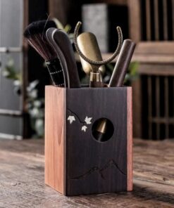 Dụng cụ pha trà gỗ dáng vuông họa tiết lá đẹp KH14.