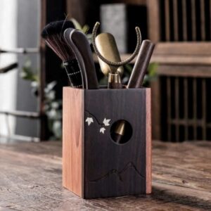 Dụng cụ pha trà gỗ dáng vuông họa tiết lá đẹp KH14.