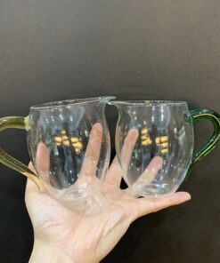 Chén tống thuỷ tinh cao cấp chịu nhiệt làm chuyên trà đẹp 300ml quai màu xanh vàng