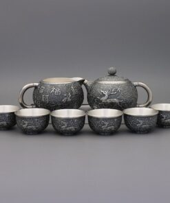 bộ ấm trà bạc cao cấp nguyên chất 999 thủ công dáng tây thi hoạ tiết phúc lộc đẹp