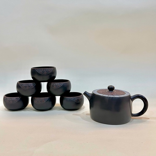 Bộ ấm chén đẹp tử sa nê hưng họa tiết trống đồng pha trà ngon AT22