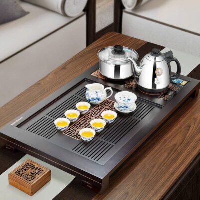 bàn trà điện pha trà gỗ gụ tự động hút nước 76x43cm.