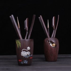 dụng cụ pha trà bằng gỗ đàn đính bạc hình ốc sen và hoa đẹp KH20.
