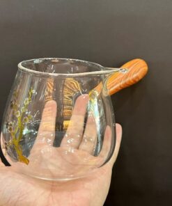 chén tống thủy tinh quai ngang bằng gỗ làm chuyên trà đẹp 400ml dễ rót bền.