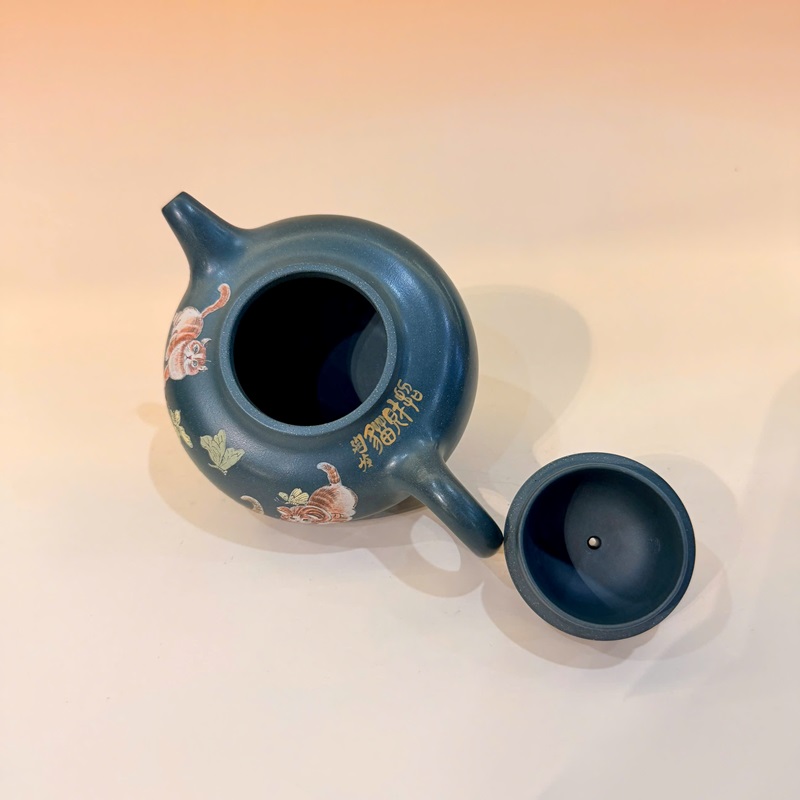Ấm Tử Sa Đất Cũ Lục Nê Dáng Hoa Dĩnh Họa Mèo 200ml ATS211 - Ảnh 4