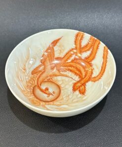 chén trà sứ Phấn Thái Phàn Hồng Thái men đỏ phèn họa thủ công Phượng Hoàng 7 đuôi 100ml.