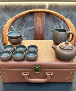 bộ ấm trà tử sa cao cấp nê hưng hỏa biến dáng phỏng cổ hộp da thủ công đẹp