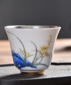 chén thiên mục tráng bạc trong lòng chén họa tiết hoa lan vẽ tay đẹp uống trà ngon 70ml