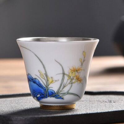 chén thiên mục tráng bạc trong lòng chén họa tiết hoa lan vẽ tay đẹp uống trà ngon 70ml