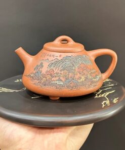 ấm trà tử sa thạch biều nguyên khoáng đất cũ khắc sơn thủy 20ml đẹp pha trà ngon.