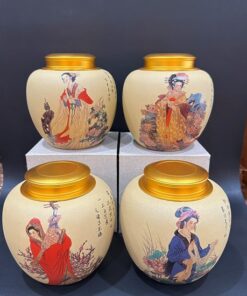 hũ đựng trà Hũ đựng trà tử sa đoàn nê nắp xoáy họa tứ đại mỹ nhân đẹp 16x16.5cm