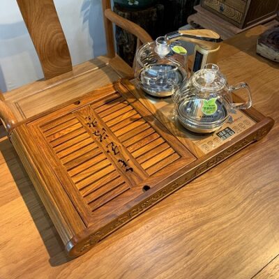 bàn trà thông minh đa năng gỗ hương ngắn kèm bếp đun tự động thủy tinh KamJove G9 66x41cm