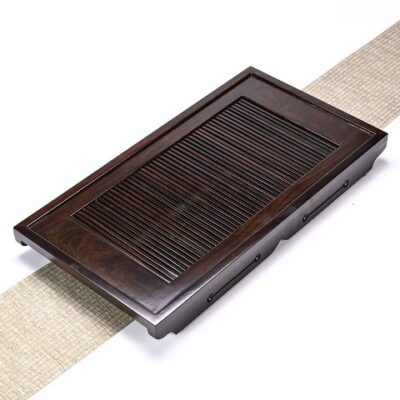 khay trà gỗ gụ đựng ấm chén dáng dài có khay hứng inox 62x33cm