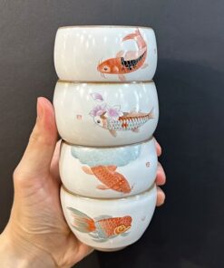 chén sứ cảnh đức  cao cấp họa cá chép vẽ tay nung củi đẹp 80ml làm ly trà chủ đẹp