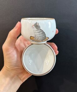 chén uống trà cảnh đức cao cấp nung củi vẽ tay hình mèo đẹp 90ml CS37