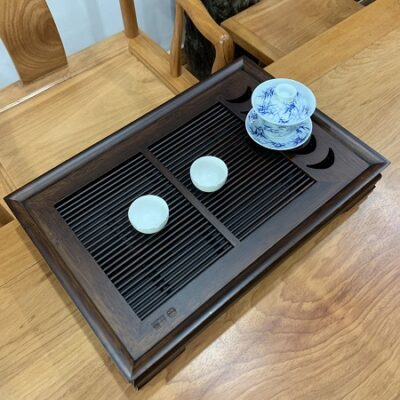 khay đựng ấm chén trà tre màu gỗ sang khe gác chén hình bán nguyệt bền đẹp 50x34cm