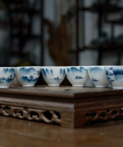 bộ chén cảnh đức vẽ tay sơn thuỷ đẹp 6 cái 60ml dáng cao giữ hương tốt.