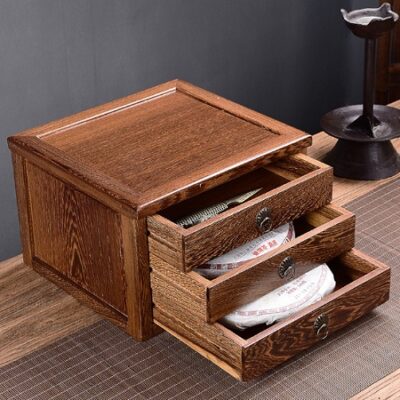 hộp đựng trà phổ nhĩ bằng gỗ mun dạng 3 ngăn kéo tiện lợi để bảo quản trà bánh loại 357g