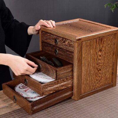 hộp đựng trà phổ nhĩ gỗ mun có 5 ngăn kéo tiện lợi để bảo quản trà bánh