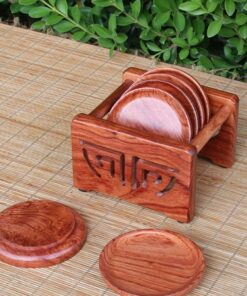 Bộ lót chén trà gỗ hương hình tròn có giá đựng bền đẹp kê tách
