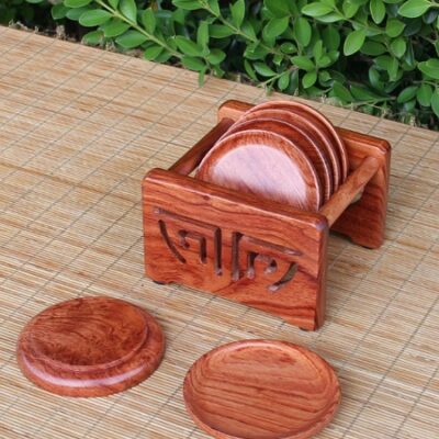 Bộ lót chén trà gỗ hương hình tròn có giá đựng bền đẹp kê tách