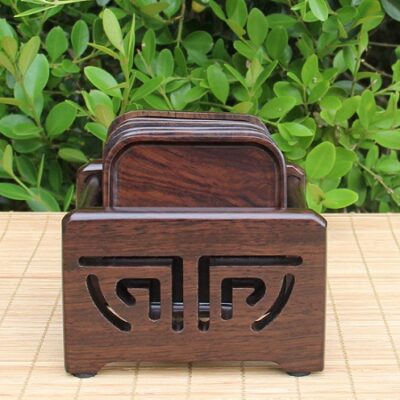 Bộ lót tách trà đẹp gỗ gụ hình vuông có giá chứa để kê ly trà đẹp