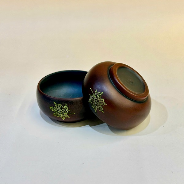 Ly uống trà tử sa hỏa biến cỡ nhỏ cao cấp khắc lá thủ công đẹp 40ml CNH11