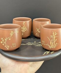 Bộ chén uống trà cao cấp mai lan cúc trúc gốm nê hưng hoả biến đỏ đẹp thủ công 70ml.
