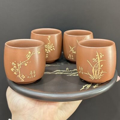 Bộ chén uống trà cao cấp mai lan cúc trúc gốm nê hưng hoả biến đỏ đẹp thủ công 70ml.