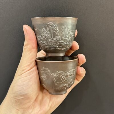 Chén trà cao cấp gốm nê hưng đắp nổi sơn thuỷ thủ công 80ml làm ly trà chủ.