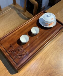 khay trà bằng gỗ nguyên khối tự nhiên để ấm chén trà bền đẹp họa tiết sen cá 55x28cm