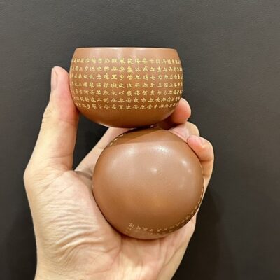 Ly uống trà cao cấp gốm nê hưng khắc bát nhã kinh thủ công dáng không đáy đẹp 60ml.