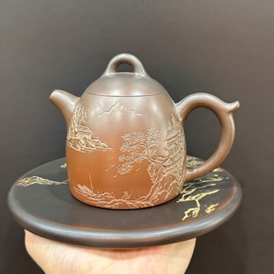 ấm tần quyền hoả biến gốm nê hưng khắc sơn thuỷ thủ công cao cấp dễ rót 250ml.