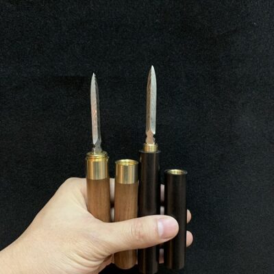 Dao tách trà phổ nhĩ cán gỗ hương và mun đẹp lưỡi dẹt hoạ tiết phỏng cổ