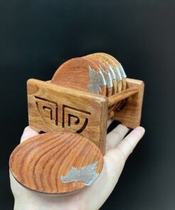 Bộ lót chén gỗ hương tròn đính lá bạc kê ly trà đẹp gồm 6 miếng và giá chứa
