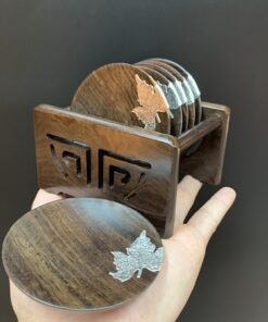 Bộ lót ly trà gỗ gụ dáng tròn đính lá bạc gồm 6 cái thủ công đẹp làm đế chén