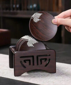 Bộ lót ly trà gỗ gụ dáng tròn đính lá bạc gồm 6 cái đẹp LC21