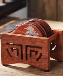 Bộ lót chén gỗ hương tròn đính lá bạc kê ly trà đẹp LC22