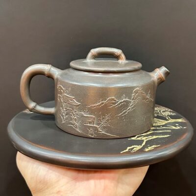Ấm trà tử sa đức trung hỏa biến nê hưng khắc sơn thủy đẹp càng pha càng ngon 280ml.