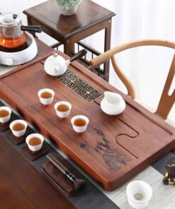 Khay trà gỗ nguyên khối bằng gỗ hương bày ấm chén đẹp họa tiết khắc cành tùng 70x35cm.