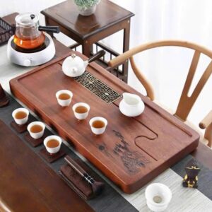 Khay trà gỗ nguyên khối bằng gỗ hương bày ấm chén đẹp họa tiết khắc cành tùng 70x35cm.