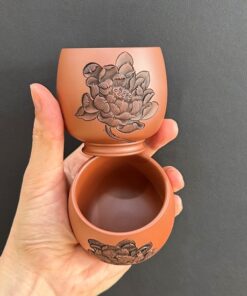 Chén tử sa nê hưng cao cấp thủ công khắc sen đỏ làm ly trà chủ đẹp 120ml