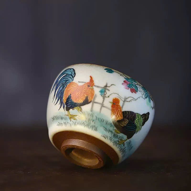 Chén sứ Cảnh Đức men Thái Hội họa "Song kê phú quý" CS43 - Ảnh 3