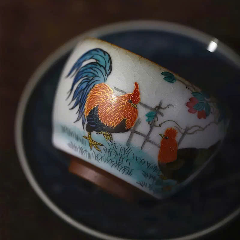 Chén sứ Cảnh Đức men Thái Hội họa "Song kê phú quý" CS43 - Ảnh 4