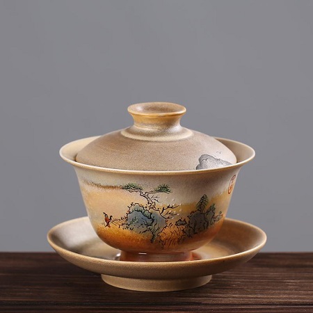 Tiềm trà sứ dạng chén khải có nắp vẽ sơn thủy thủ công 140ml pha trà ngon tiện lợi
