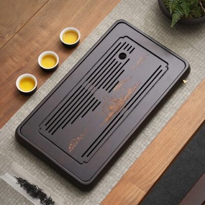 Khay trà tre để ấm chén thuận buồm xuôi gió bền đẹp 48x26cm có van xả nước