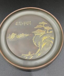 Khay trà đá tử sa nê hưng dáng tròn khắc sơn thủy để ấm chén đẹp 28x3cm